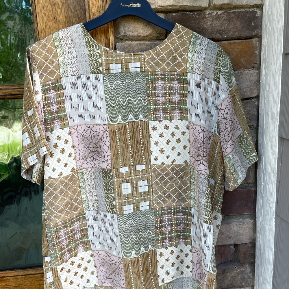 Notations Cream Multicolor Patchwork Plaid Print Crewneck  Short Sleeve Top Sz12